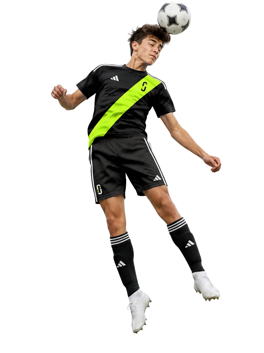 Illustrative young player in JOGA kit heading a ball
