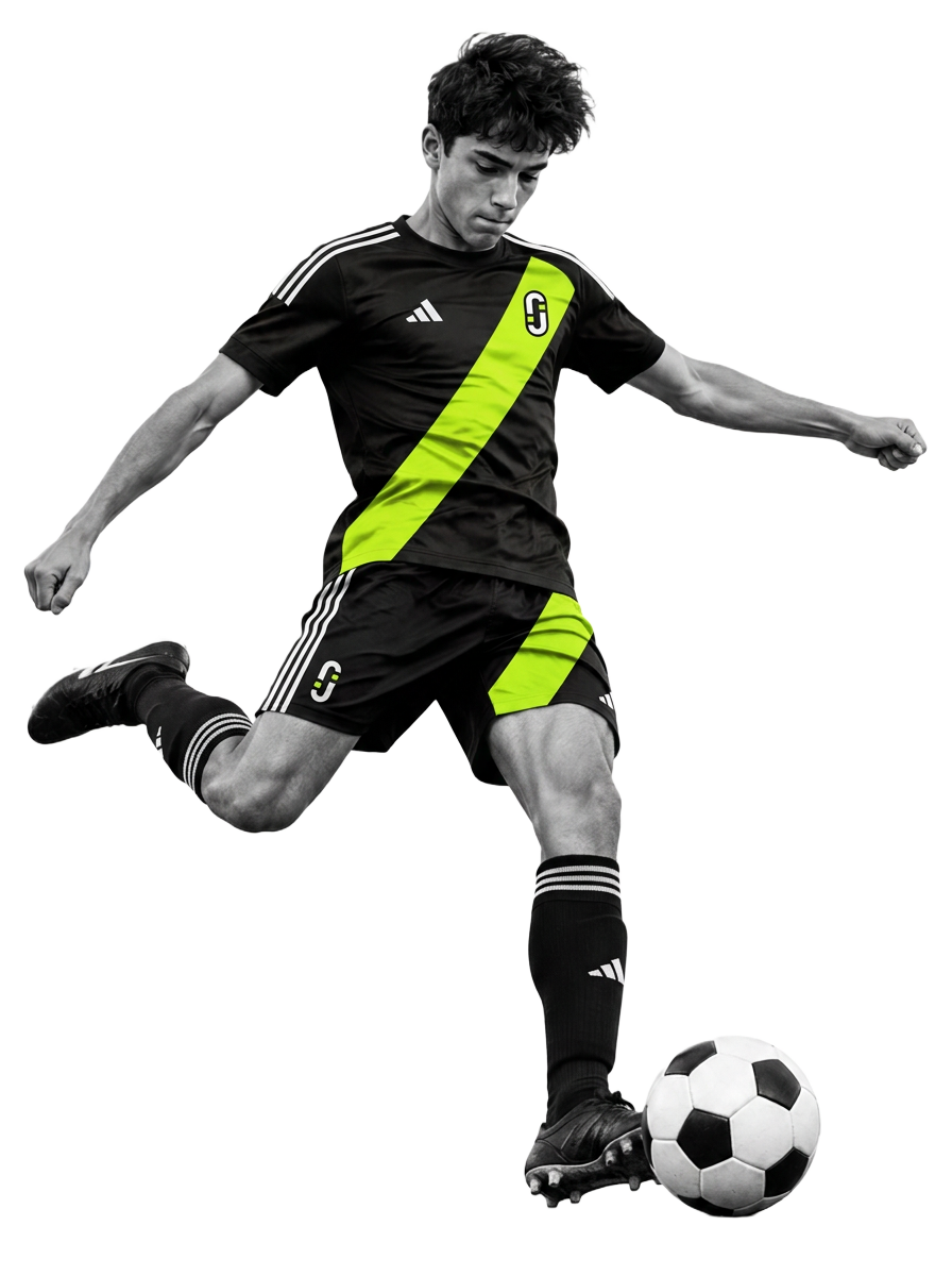 Illustrative young player in JOGA kit striking a ball